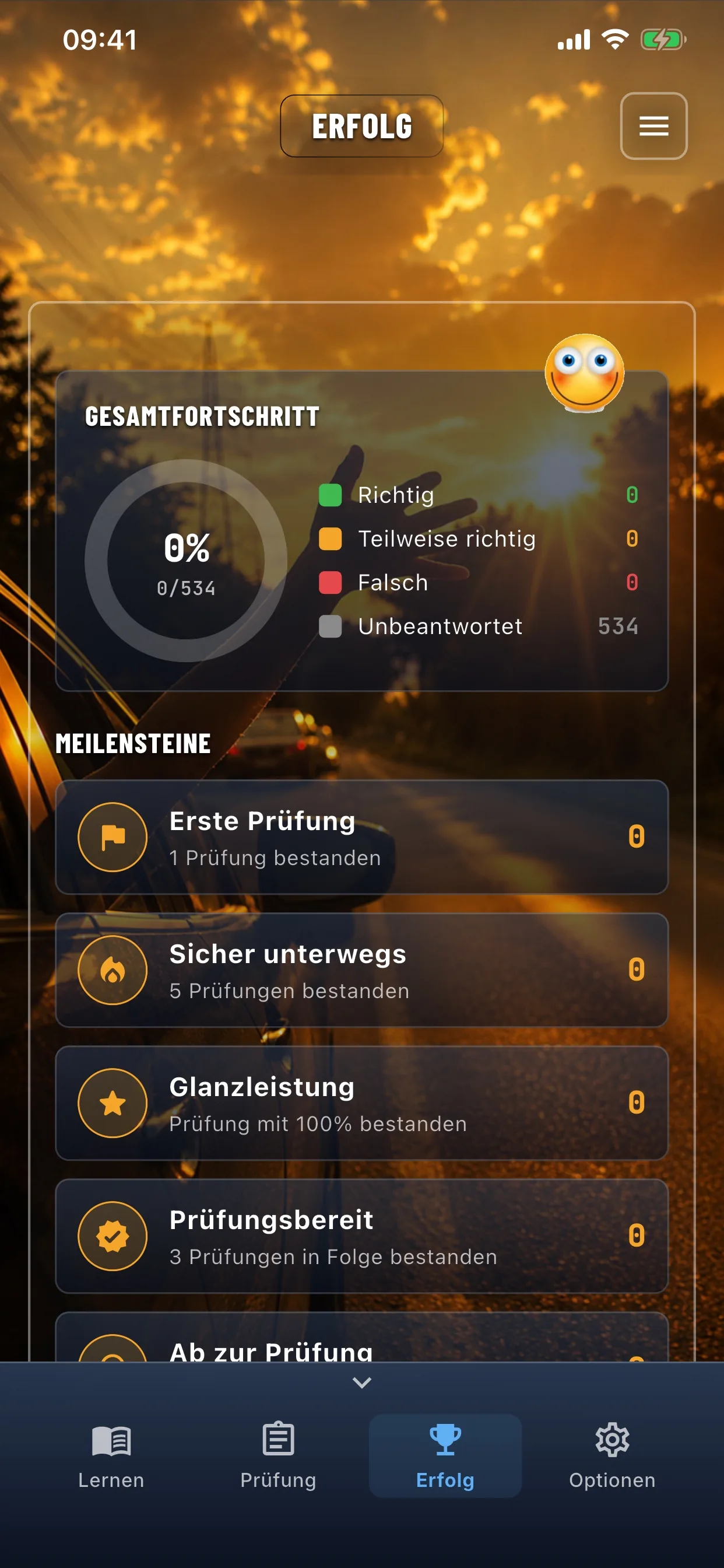 Auto-Theorie-App – Bestandene Prüfung – Erfolgsanzeige