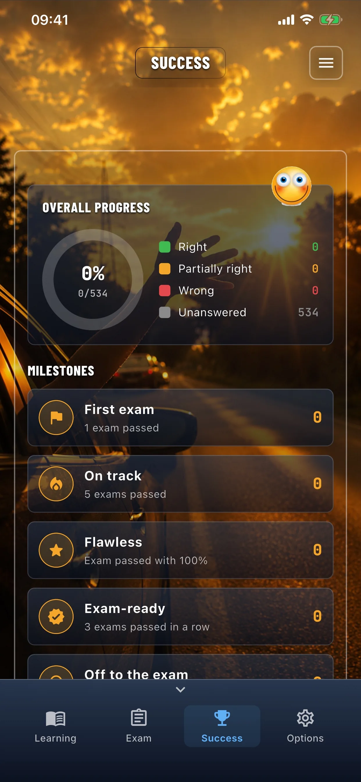 Car theory app – exam passed – success screen