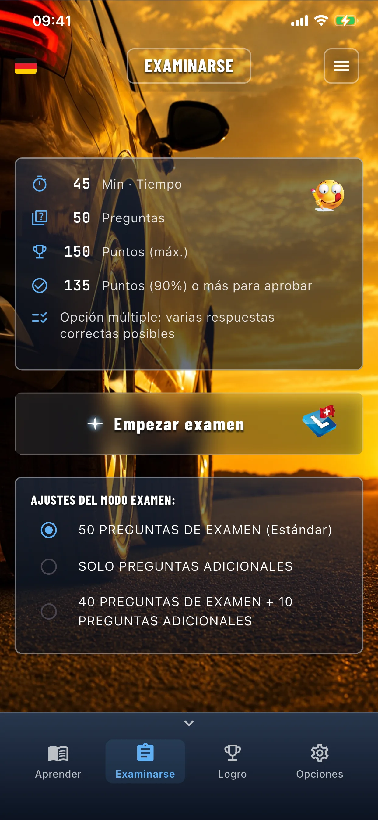 App de teoría del coche – simulación del examen en modo examen