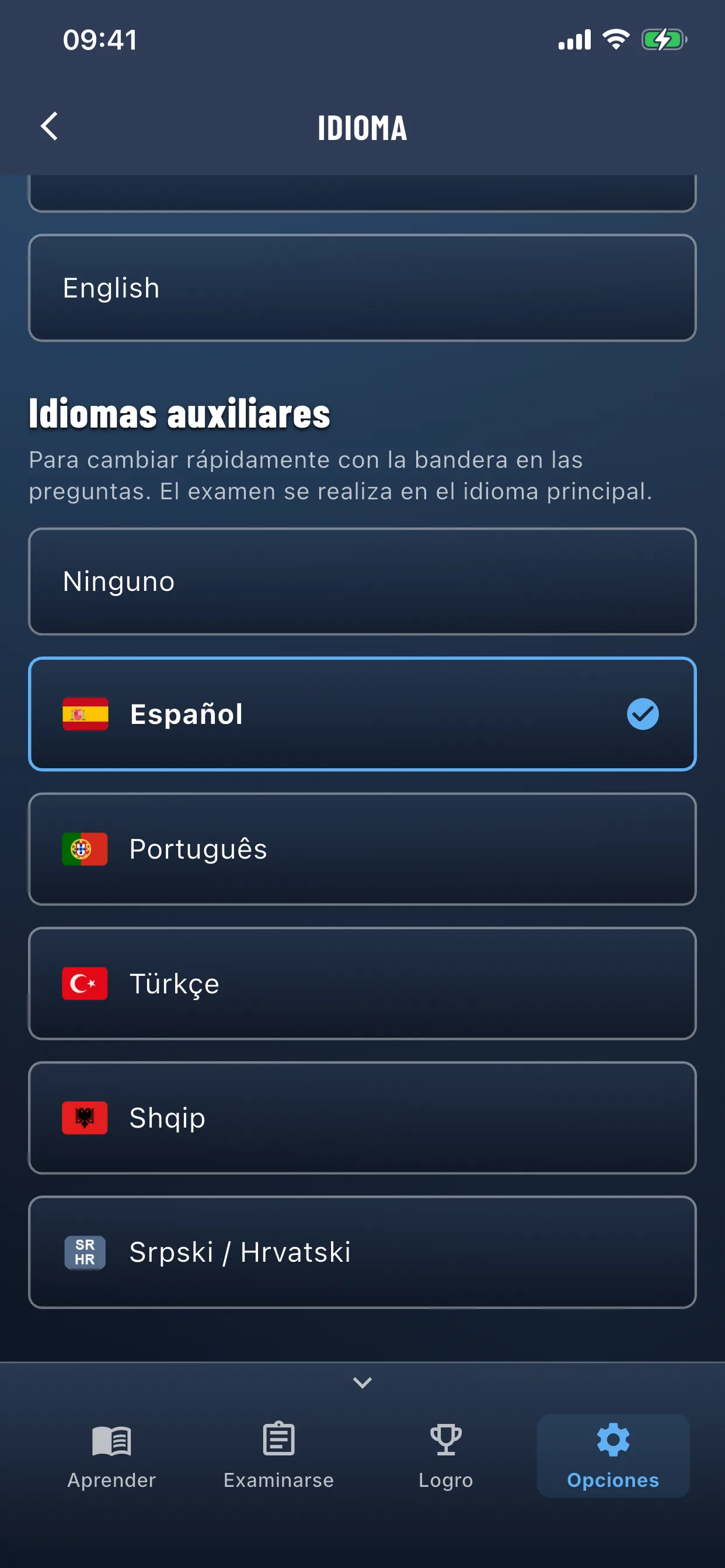 App de teoría del coche – idiomas disponibles en la aplicación