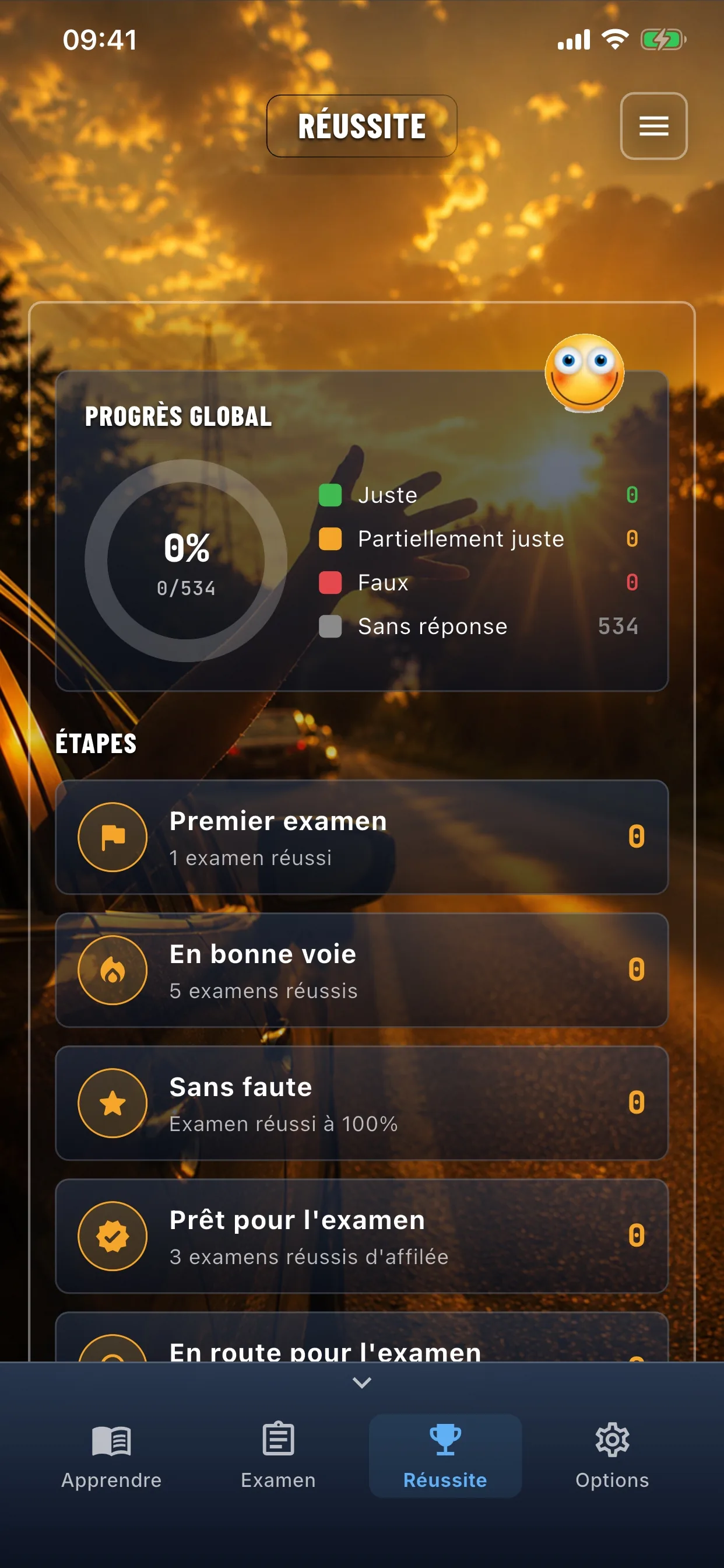 Appli théorie auto – examen réussi – écran de réussite