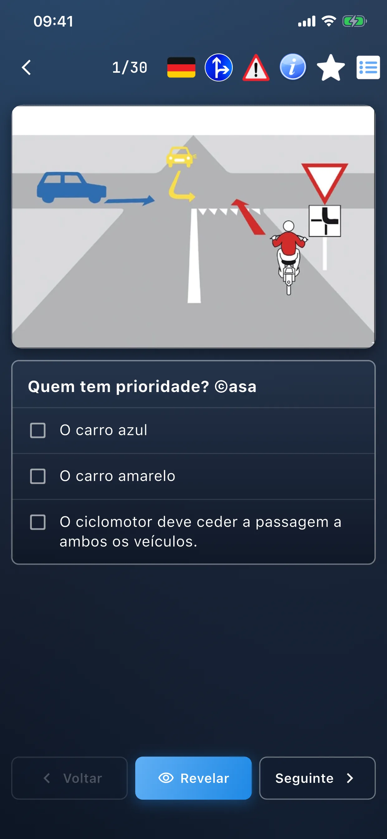 App de teoria do ciclomotor – pergunta de teoria de escolha múltipla com respostas
