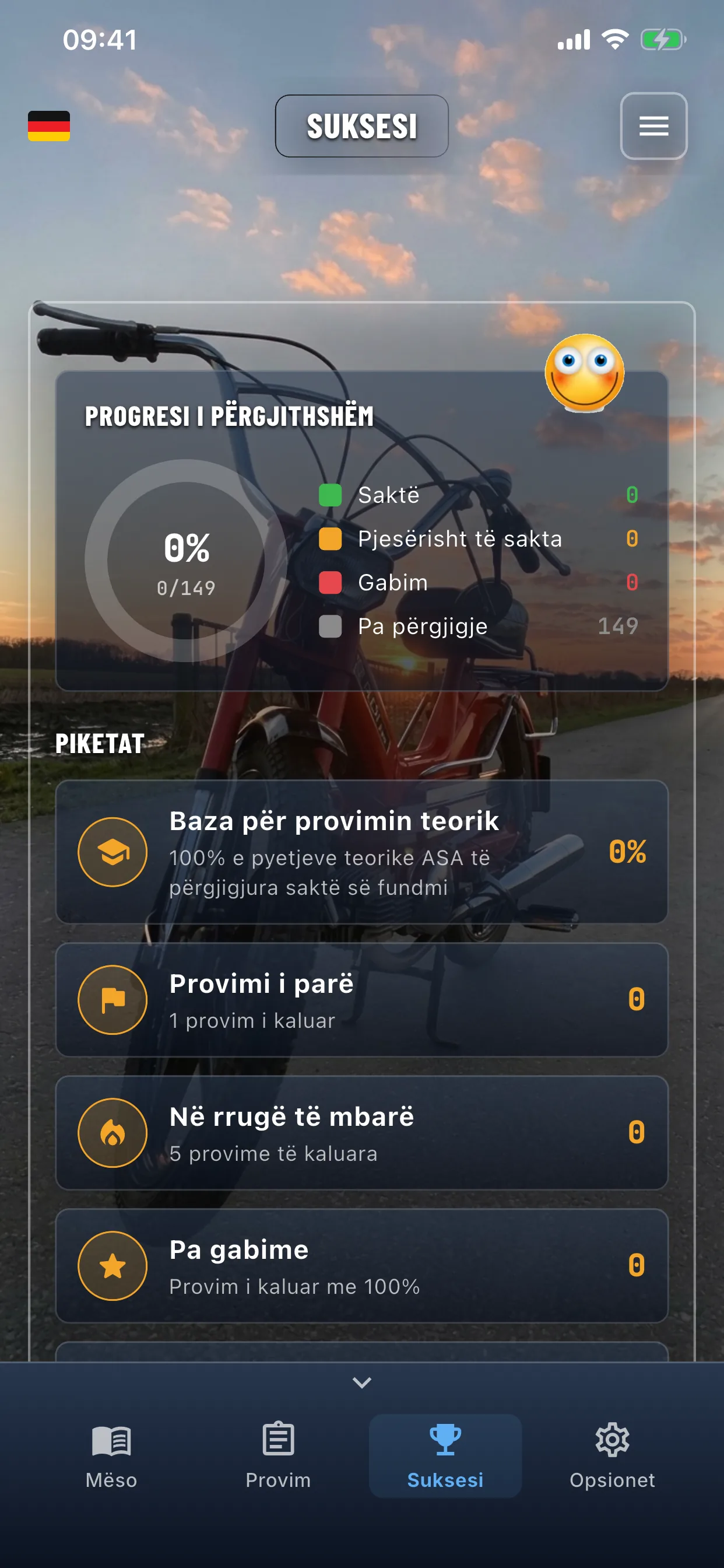 Aplikacioni i teorisë së mopedit – provim i kaluar, ekran suksesi