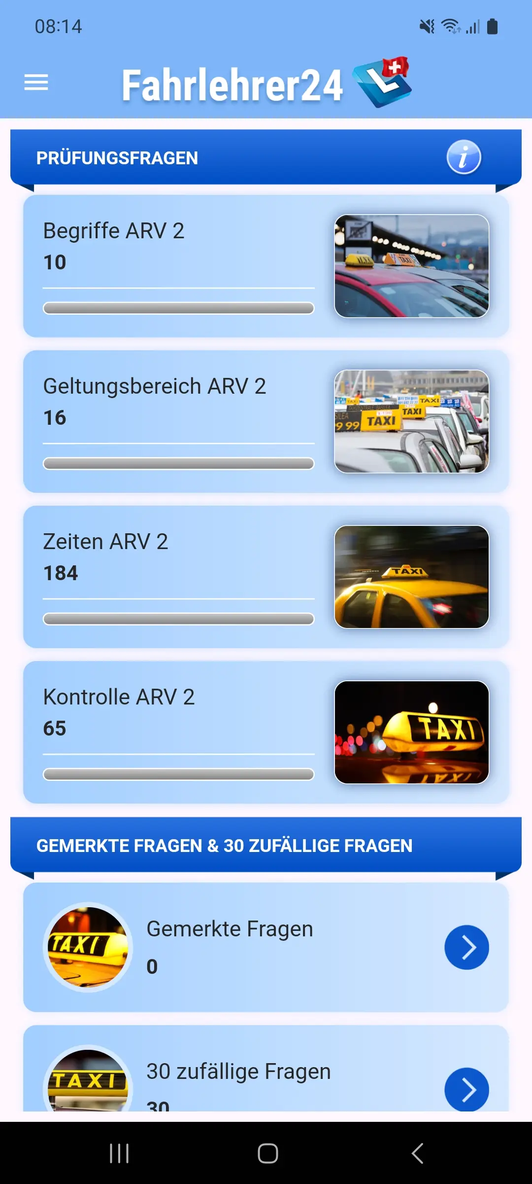Taxi-Theorie-App – Übersicht der Prüfungsfragen nach Themen