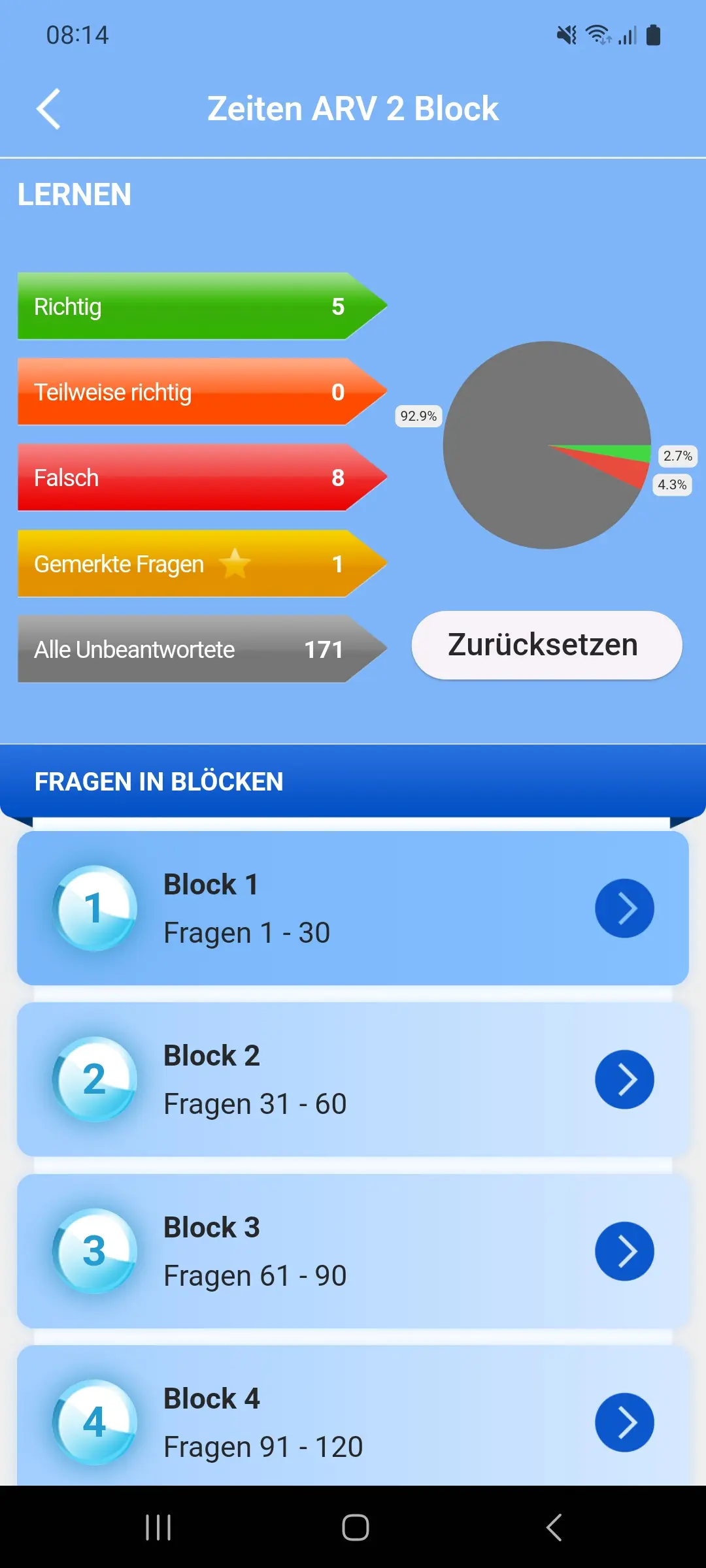 Taxi-Theorie-App – Lernfortschritt und Fragen-Blöcke