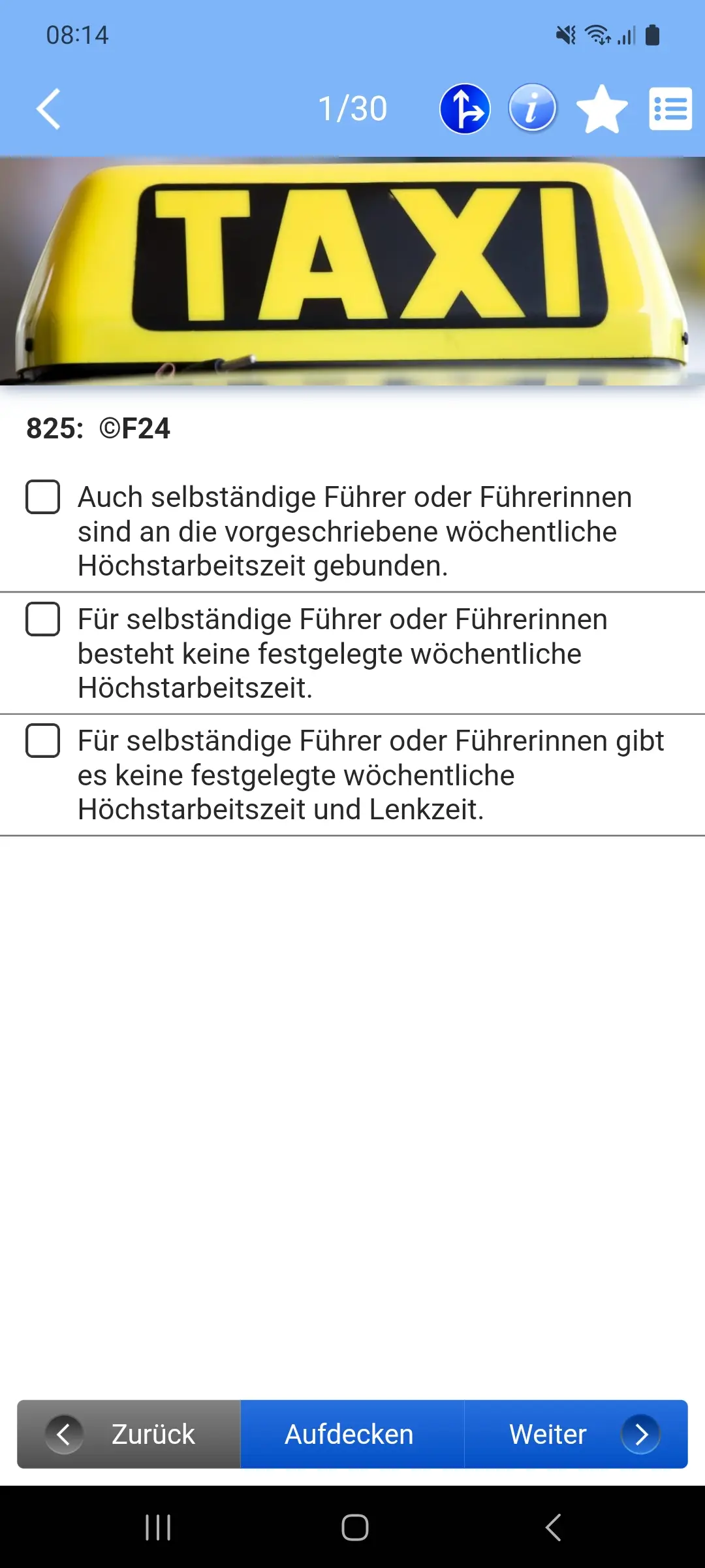 Taxi-Theorie-App – Multiple-Choice-Frage mit Antworten