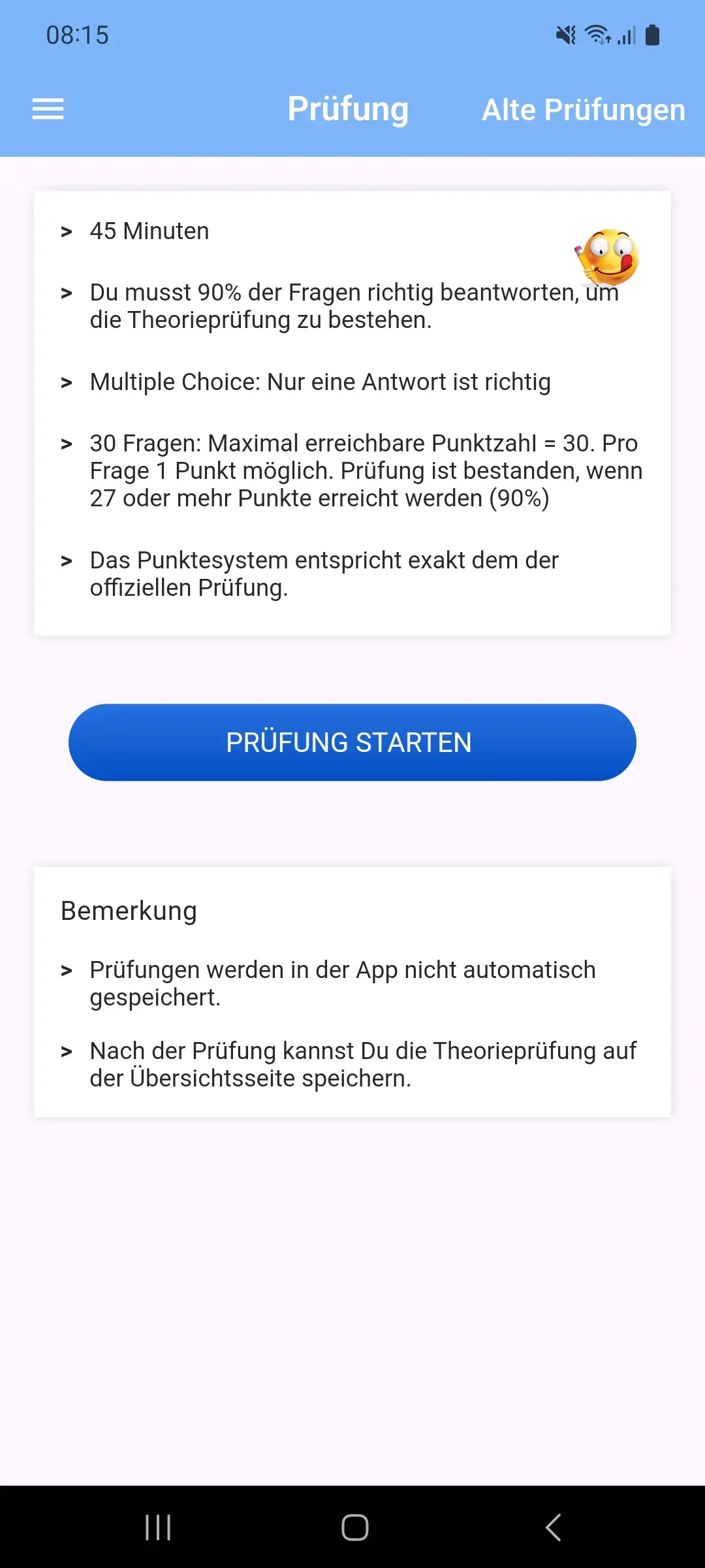 Taxi-Theorie-App – Prüfungssimulation: 30 Fragen in 45 Minuten