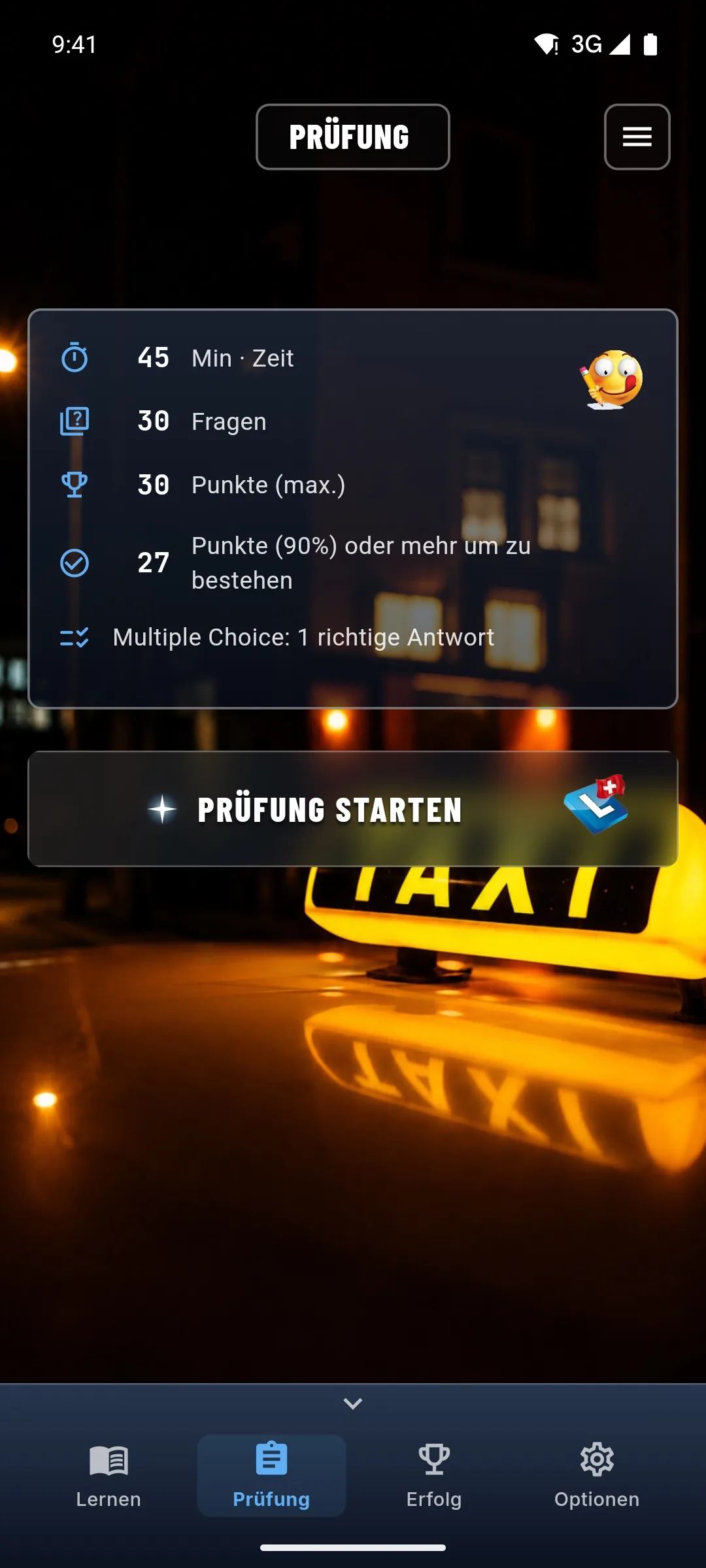 Taxi-Theorie-App – Prüfungssimulation im Prüfungsmodus