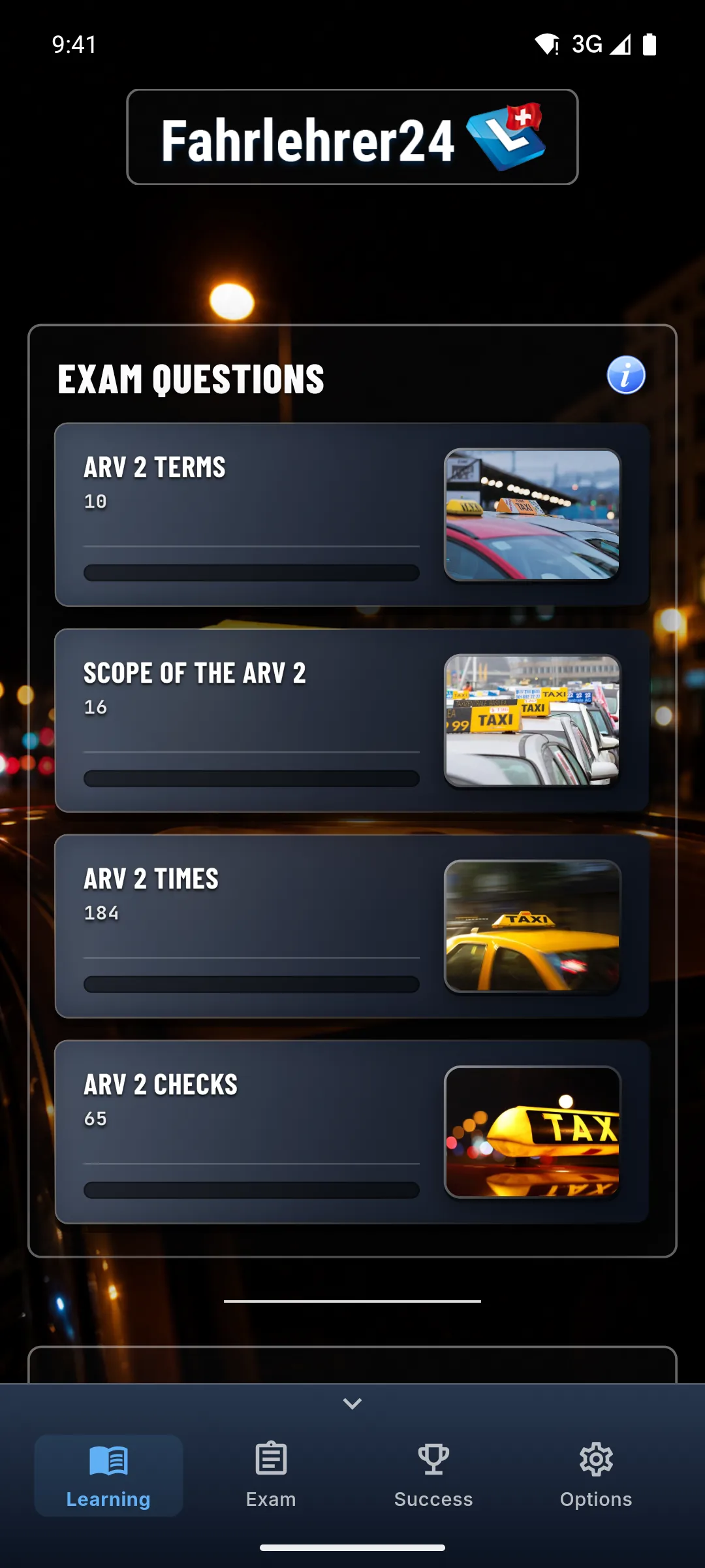 App de teoría de taxi – aprendizaje individual en modo de estudio