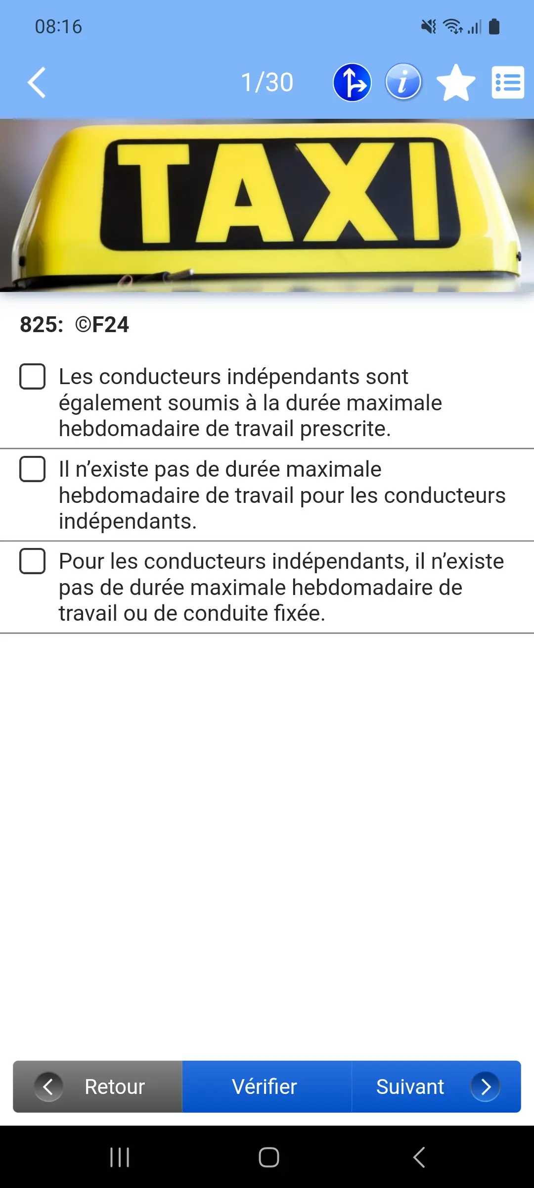 Appli théorie taxi – question à choix multiple avec réponses
