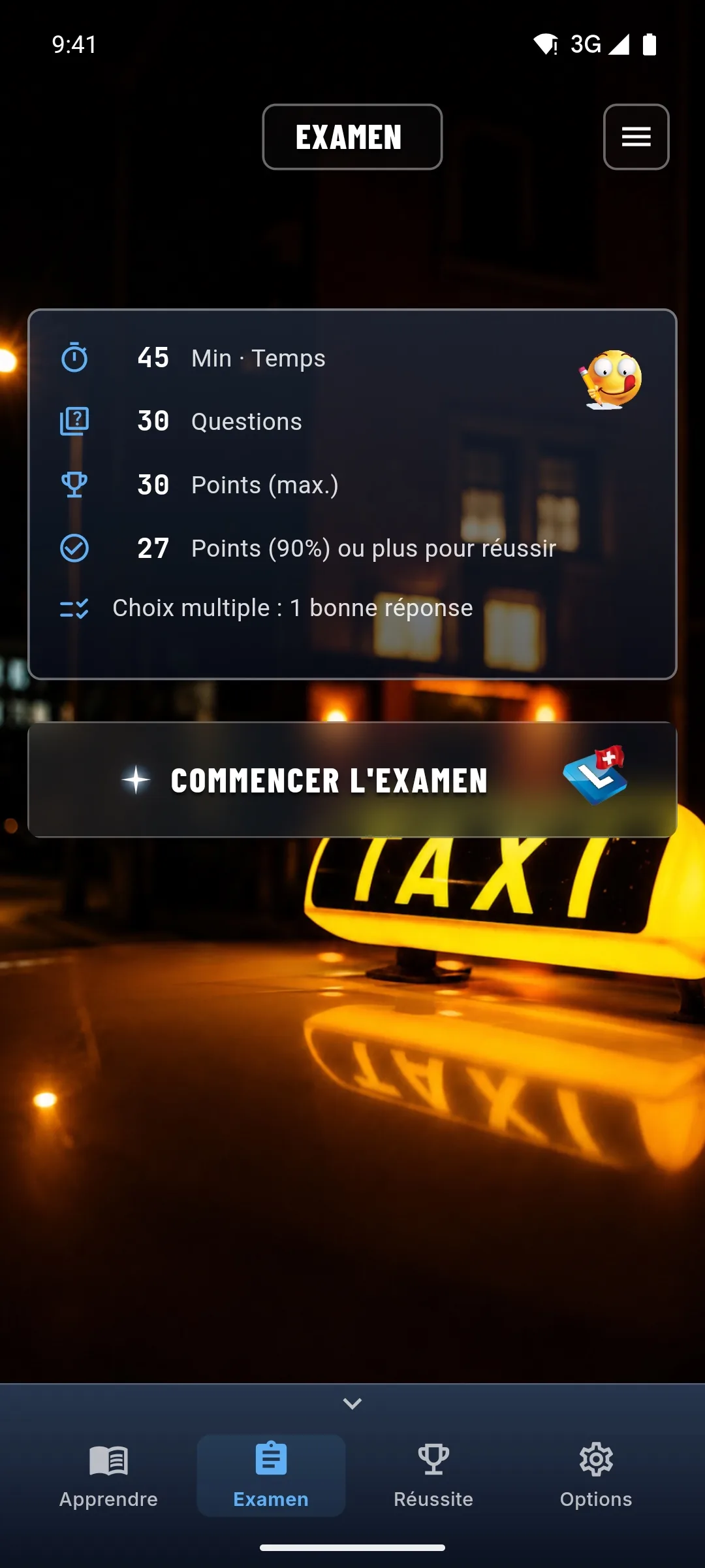 Appli théorie taxi – simulation d'examen en mode examen