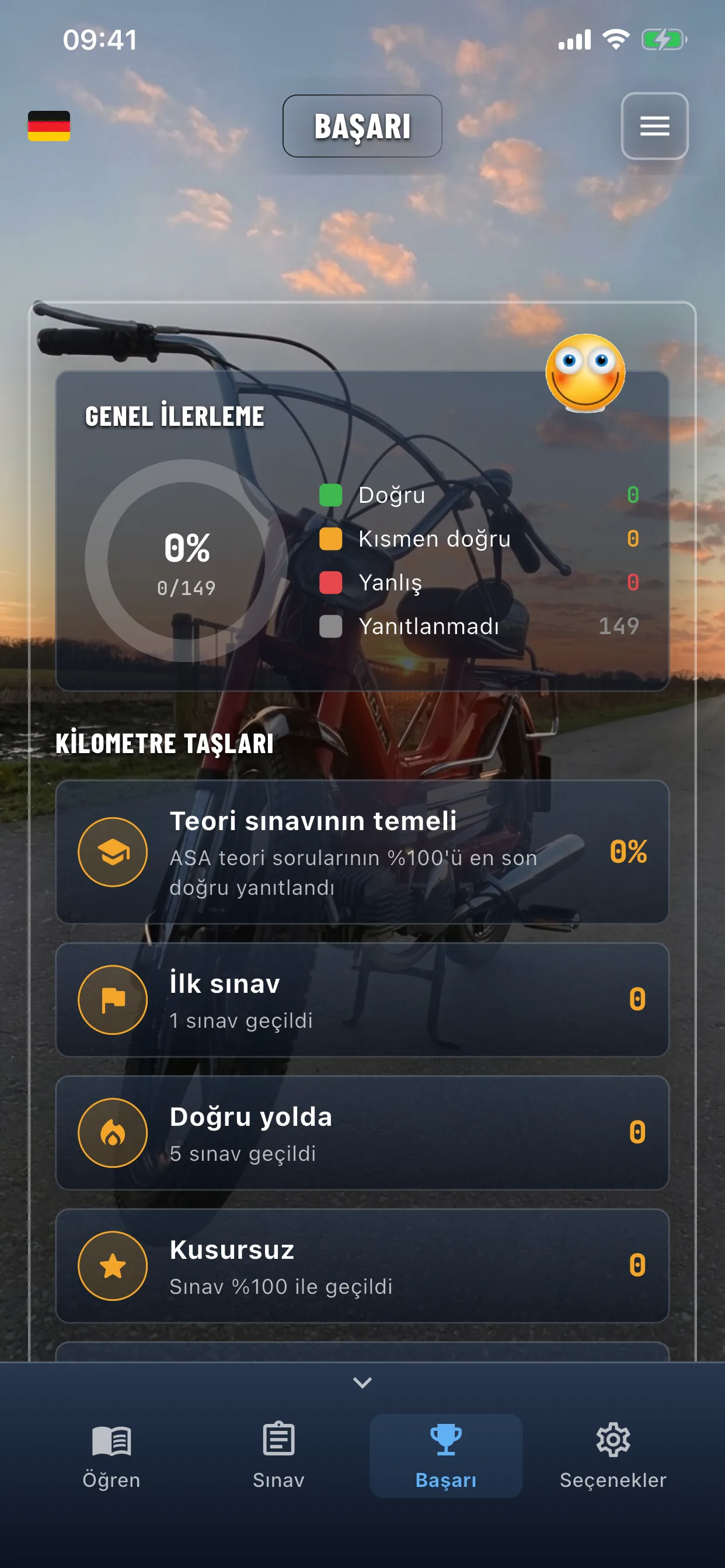 Moped teori uygulaması – sınav geçildi, başarı ekranı